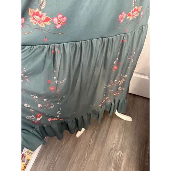 Vintage Floral Maxi Dress Long Sleeve Collared Button Up Teal Green Tier Ruffle - Picture 5 of 10